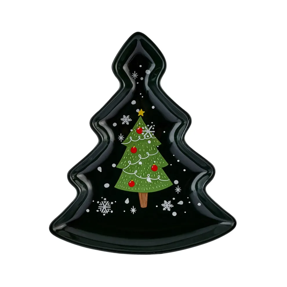 Karaca New Year Christmas New Generation Bone Golden Line Christmas Tree Decorative Plate, 21cm, Black Green