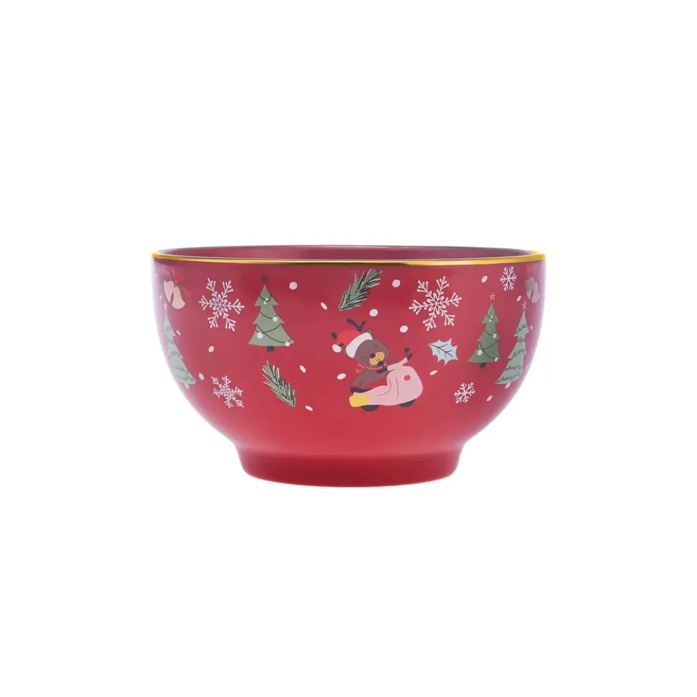 Karaca New Year Christmas New Generation Bone Golden Line Noodle Bowl, 14cm, Red Multi