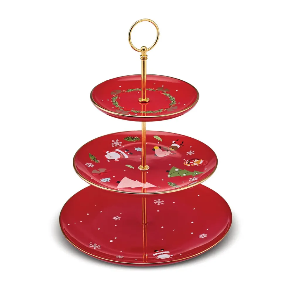 Karaca New Year Christmas New Generation Bone Golden Line 3-Tier Cake Stand, Red Multi