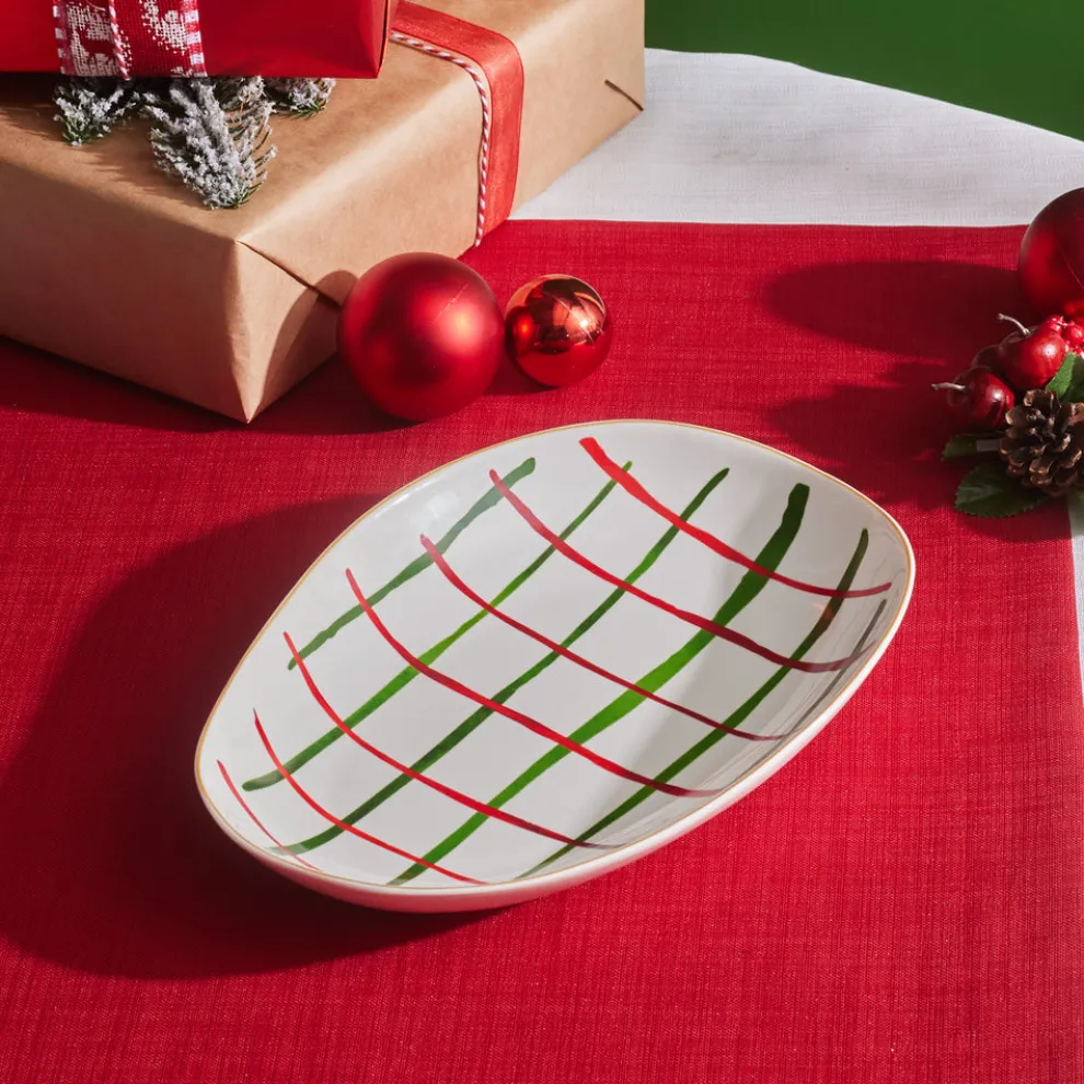 Karaca New Year Christmas Butcher's Broom Oval Serving Platter, 26cm, Multi
