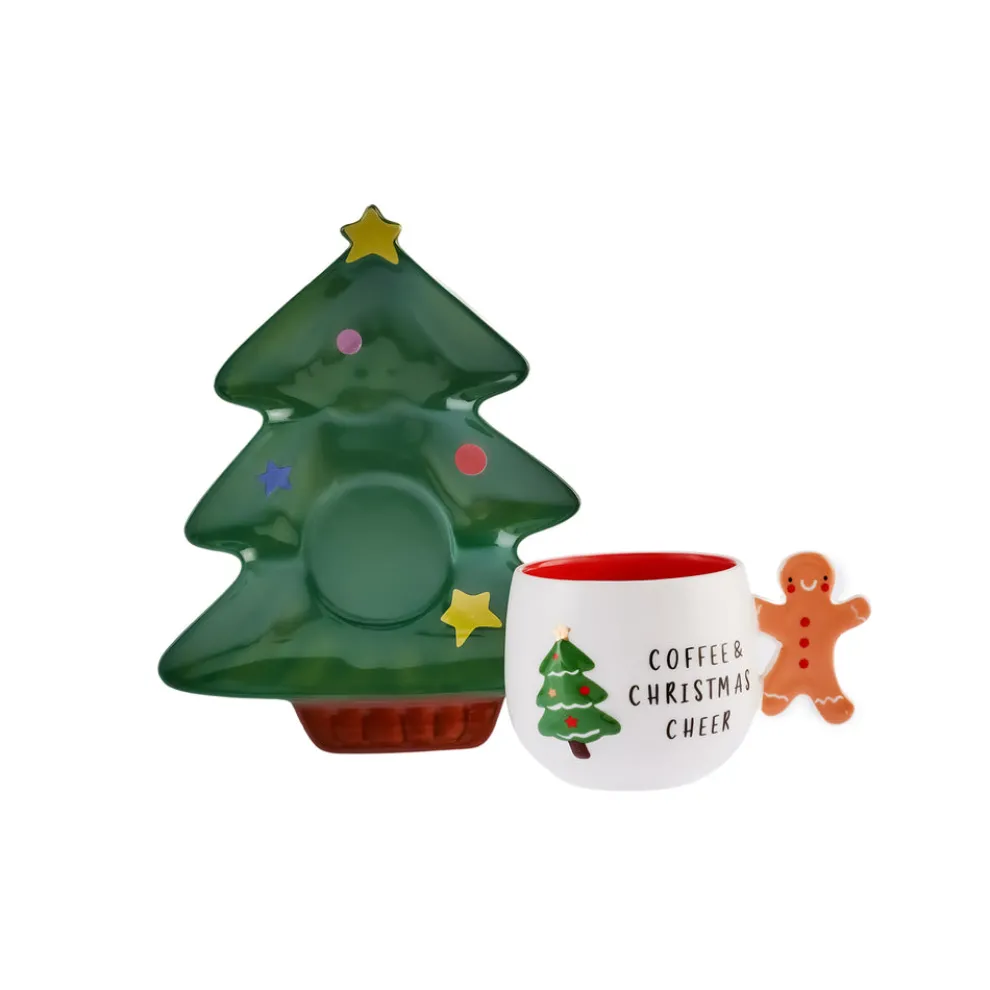 Karaca New Year Christmas 2-Piece Porcelain Tea Cup and Saucer Set, 180ml, White Green