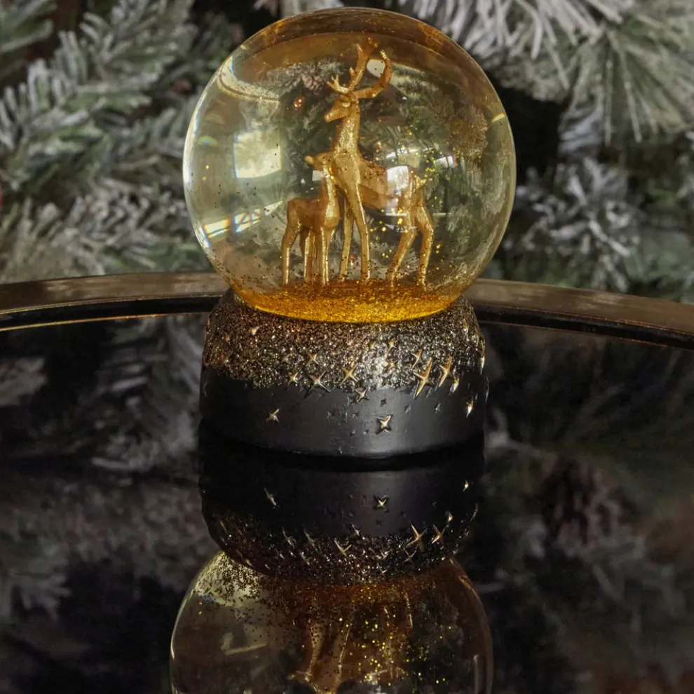 Karaca New Year Christmas Deer Led Light Snow Globe, 8cmx8cmx10.5cm, Black Gold