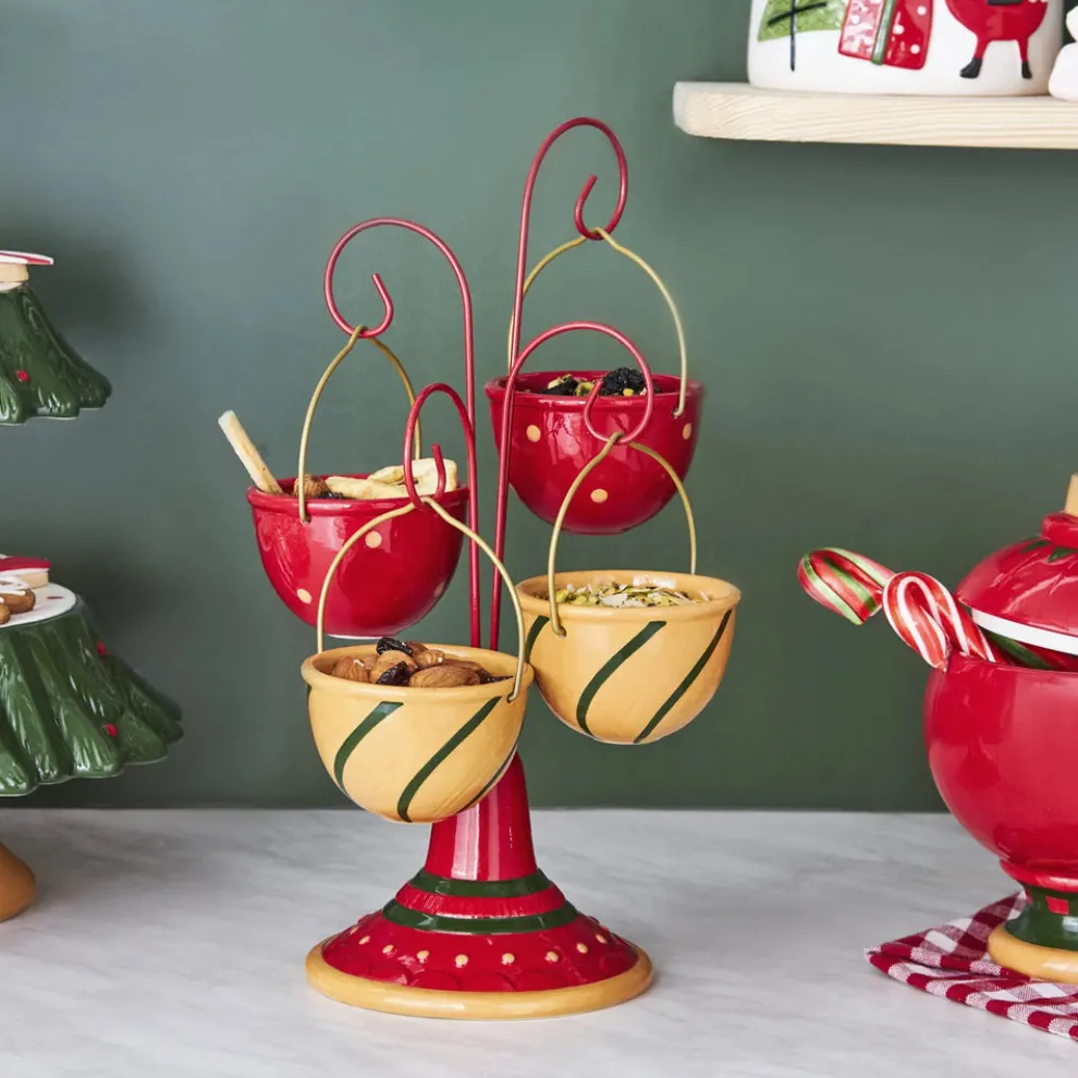 Karaca New Year Christmas Corrousel Ceramic Snack Bowl with Stand, 32cm, Multi
