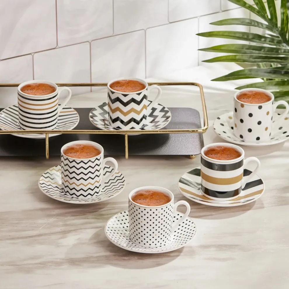 Karaca Nossa 12-Piece Porcelain Espresso Turkish Coffee Cup for 6 People, 80ml, Multi