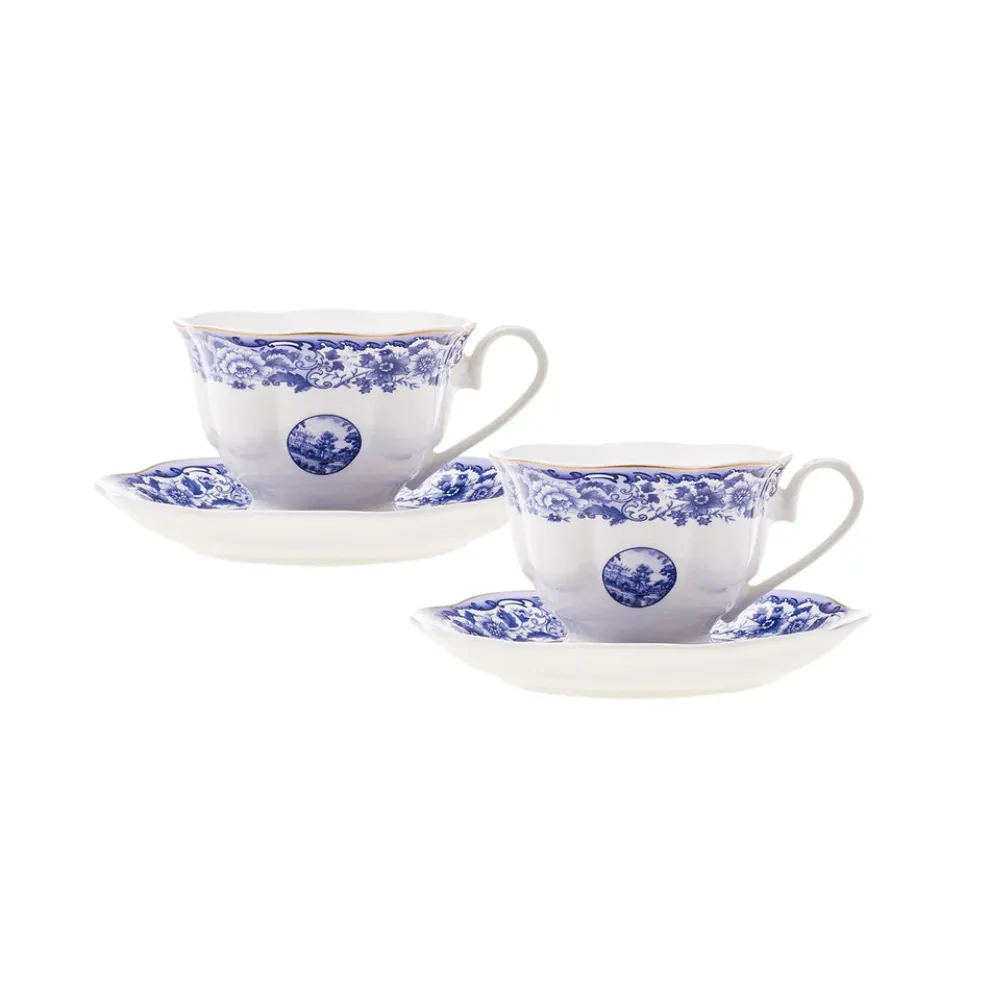 Karaca Old Town 4-Piece Porcelain Tea Cup Set for 2 People, 220ml, Blue