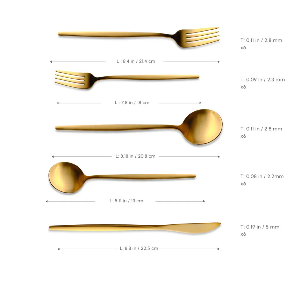 Karaca Orion 30-Piece Stainless Steel Cutlery Set for 6 People, Matte Gold