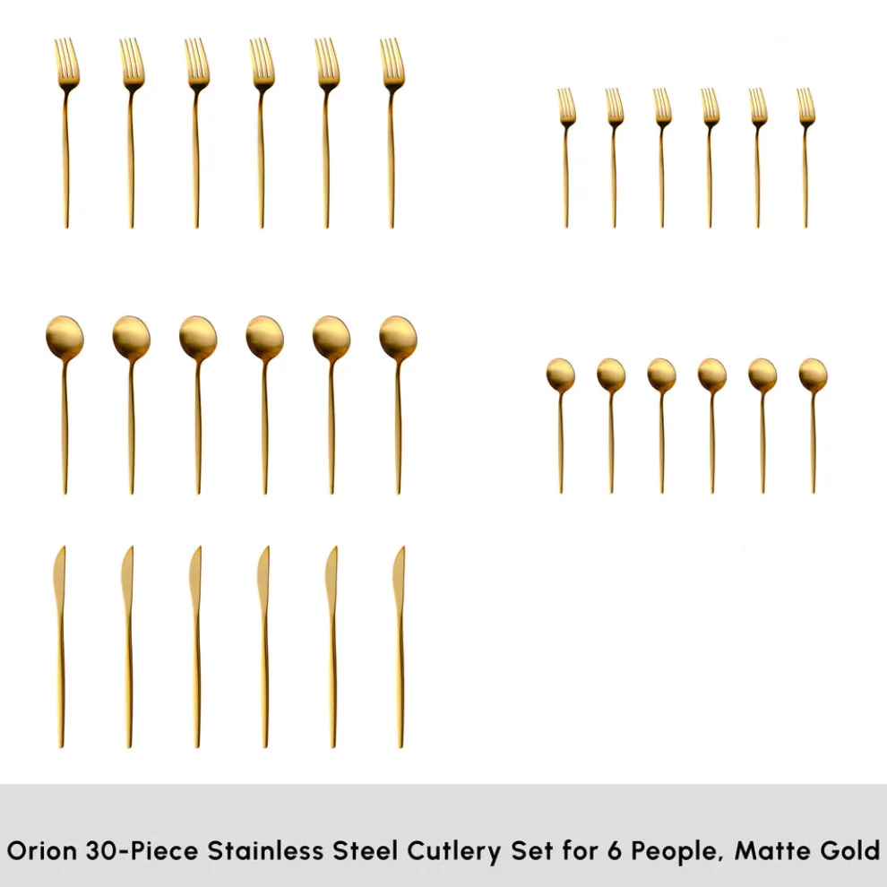 Karaca Orion 30-Piece Stainless Steel Cutlery Set for 6 People, Matte Gold