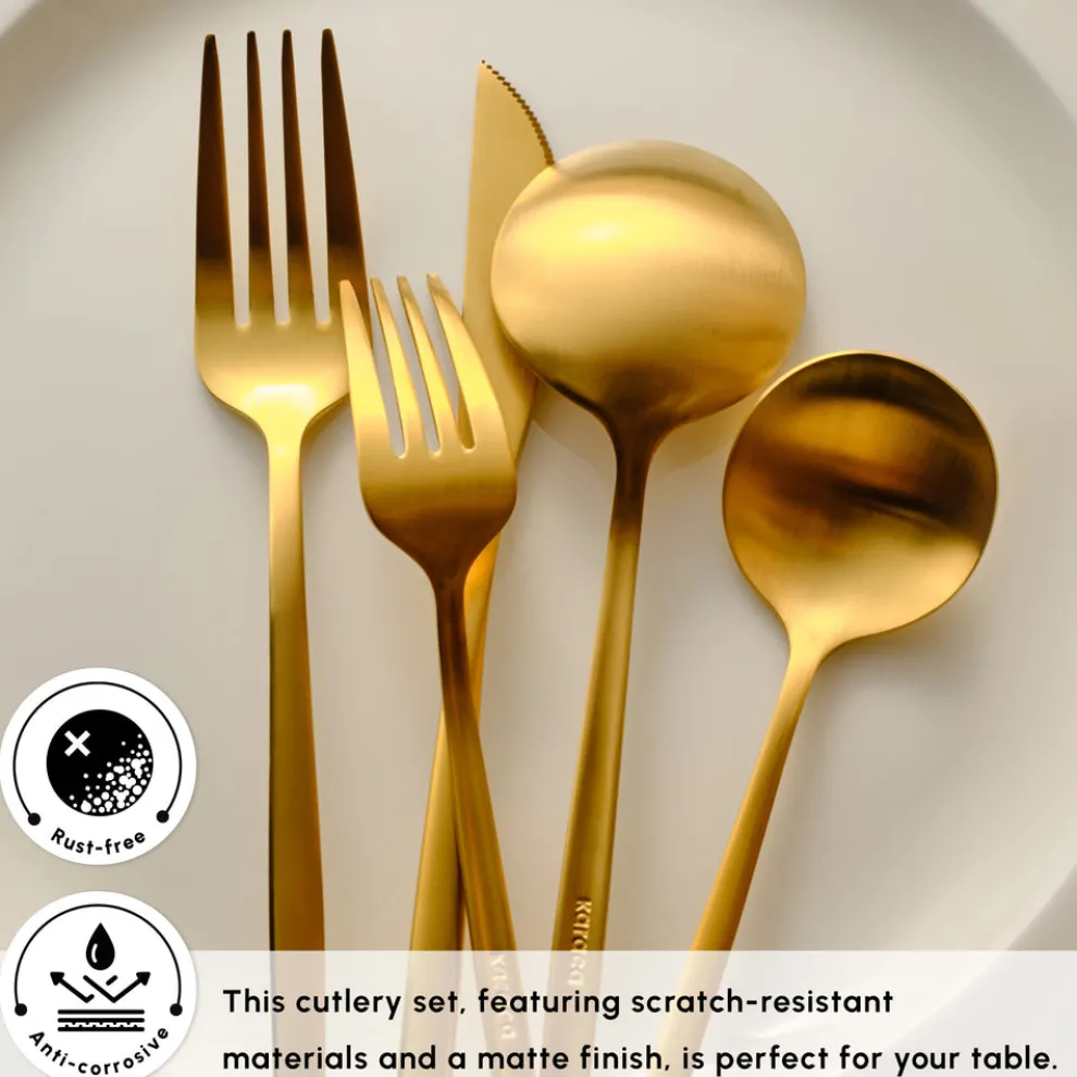 Karaca Orion 30-Piece Stainless Steel Cutlery Set for 6 People, Matte Gold