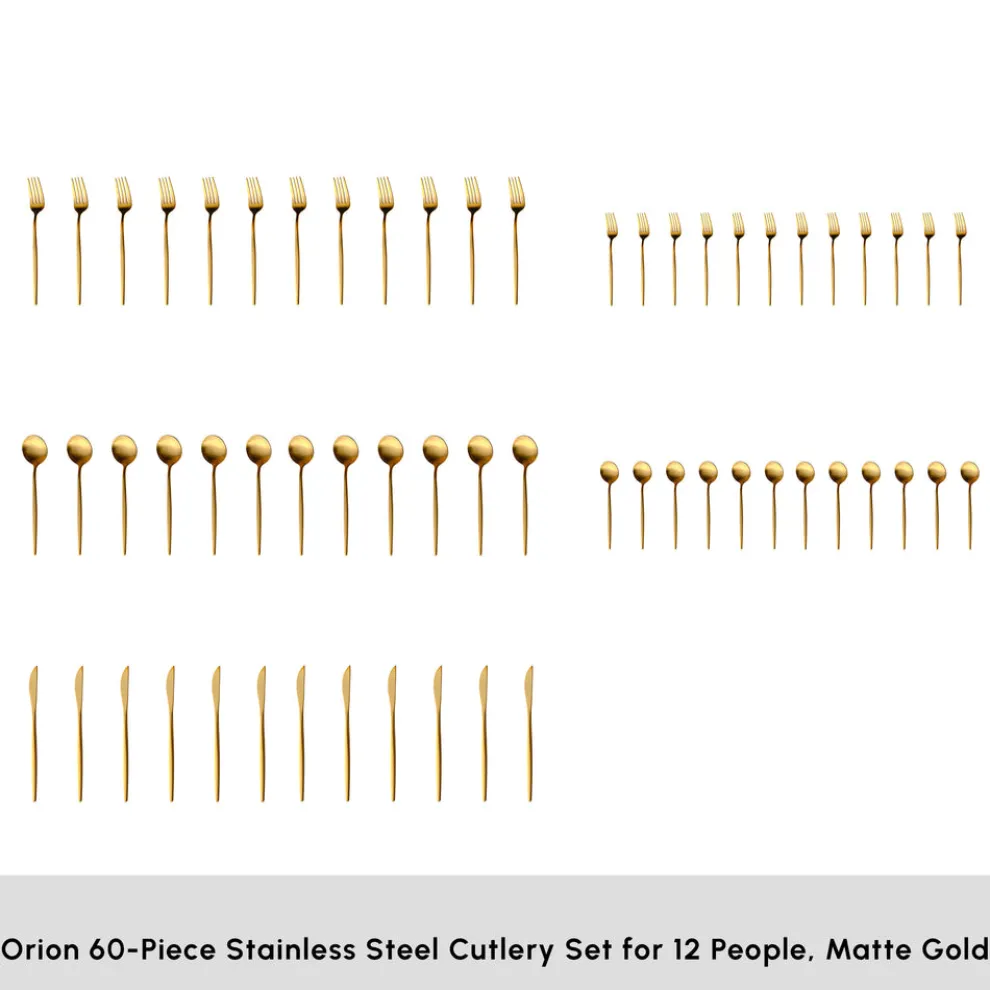 Karaca Orion 60-Piece Stainless Steel Cutlery Set for 12 People, Matte Gold