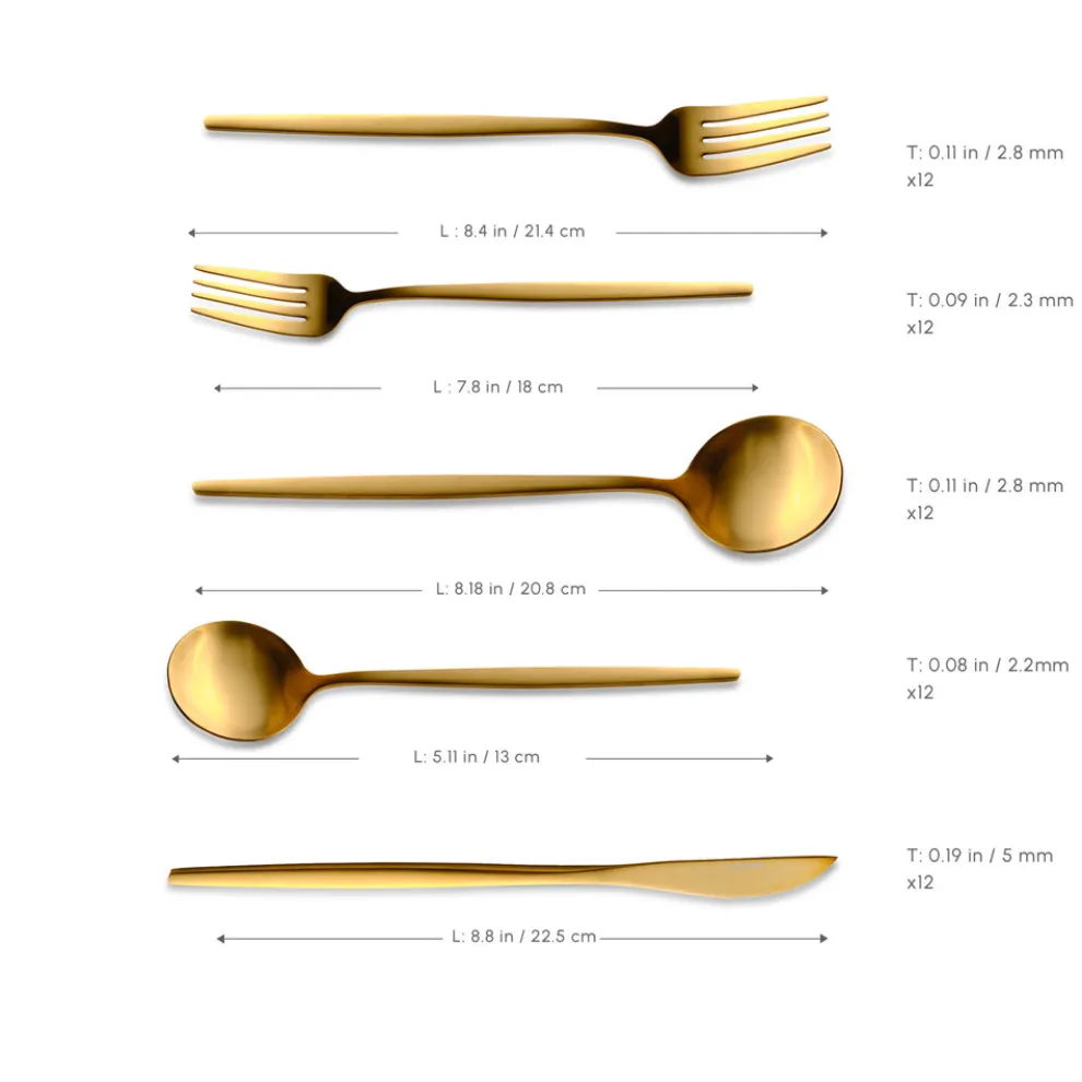 Karaca Orion 60-Piece Stainless Steel Cutlery Set for 12 People, Matte Gold