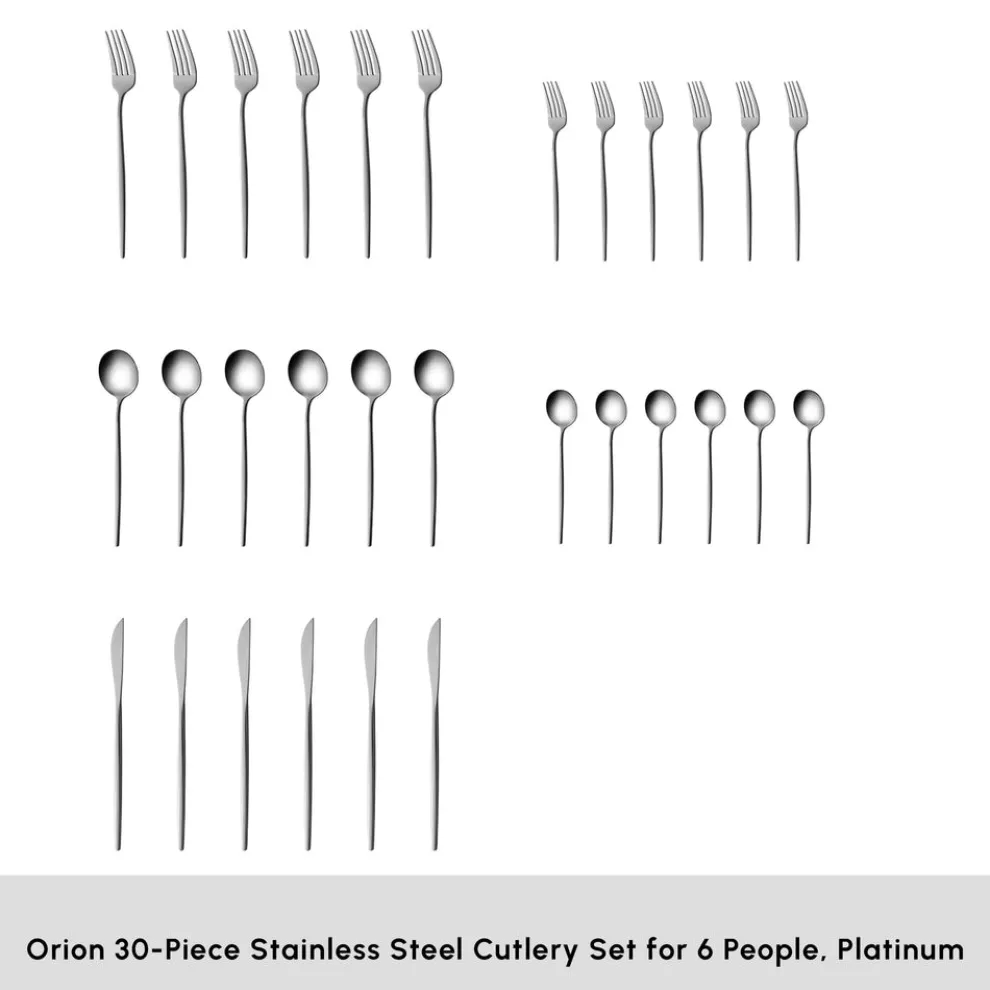 Karaca Orion 30-Piece Stainless Steel Cutlery Set for 6 People, Platinum