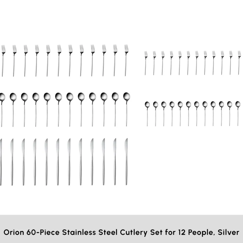 Karaca Orion Silver 60-Piece Stainless Steel Cutlery Set for 12 People, Silver