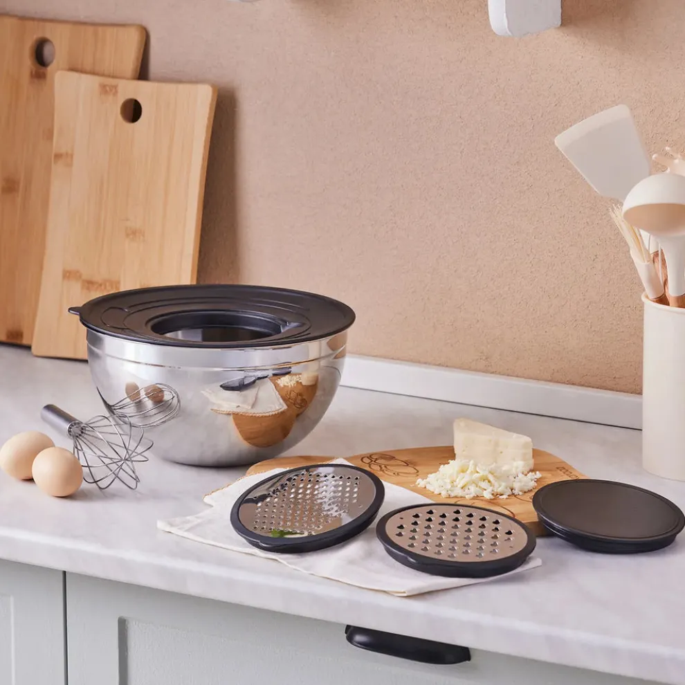 Karaca Parle Stainless Steel Mixing Bowl Set with Graters, 4.6L, Grey