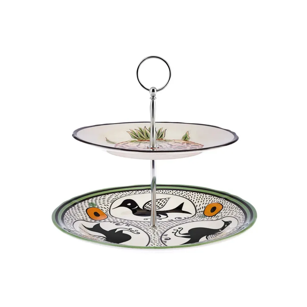 Karaca Paye Seljuk Collection Porcelain 2-Tier Cake Stand, 17cm, Green Multi