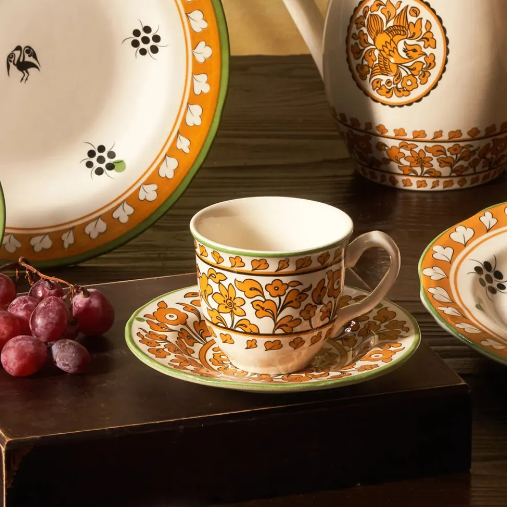 Karaca Paye Seljuk Collection 4 Piece Porcelain Tea Cup and Saucer Set for 2 People, 200ml, Multi