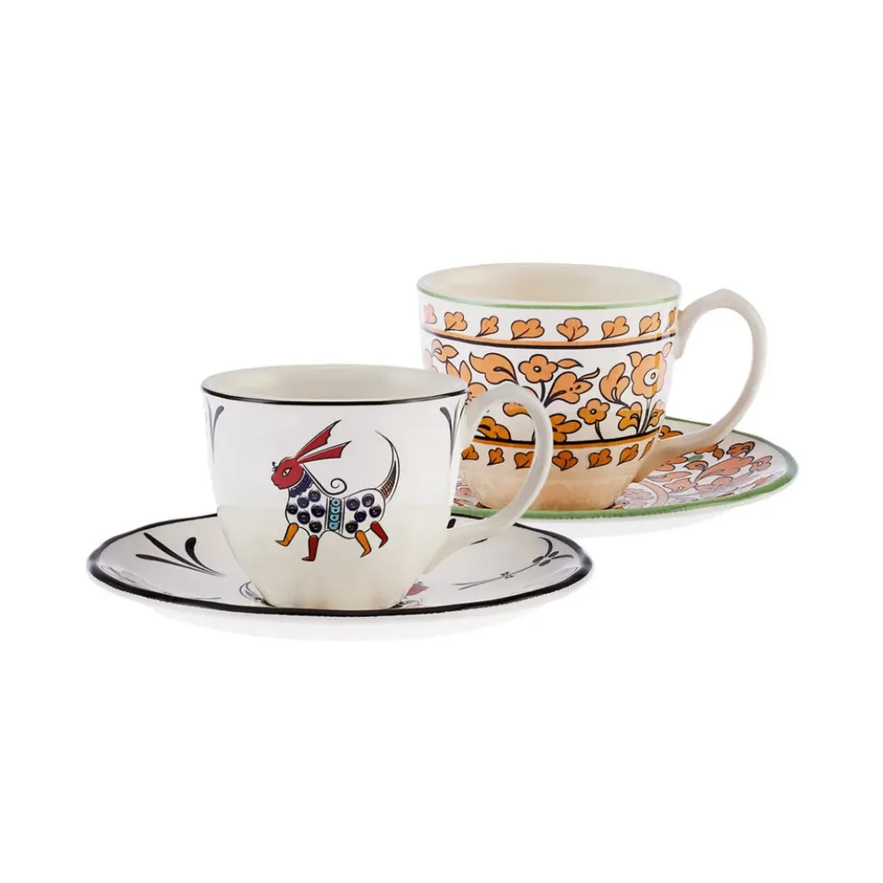Karaca Paye Seljuk Collection 4 Piece Porcelain Tea Cup and Saucer Set for 2 People, 200ml, Multi