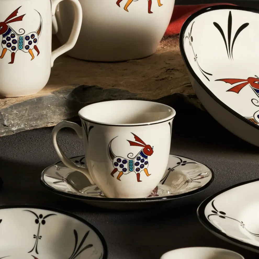 Karaca Paye Seljuk Collection 4 Piece Porcelain Tea Cup and Saucer Set for 2 People, 200ml, Multi