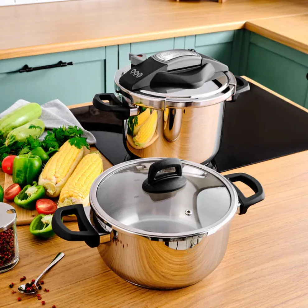 Karaca Perfect 2-Piece Stainless Steel Induction Pressure Cooker Set, 4L+6L, Black Silver