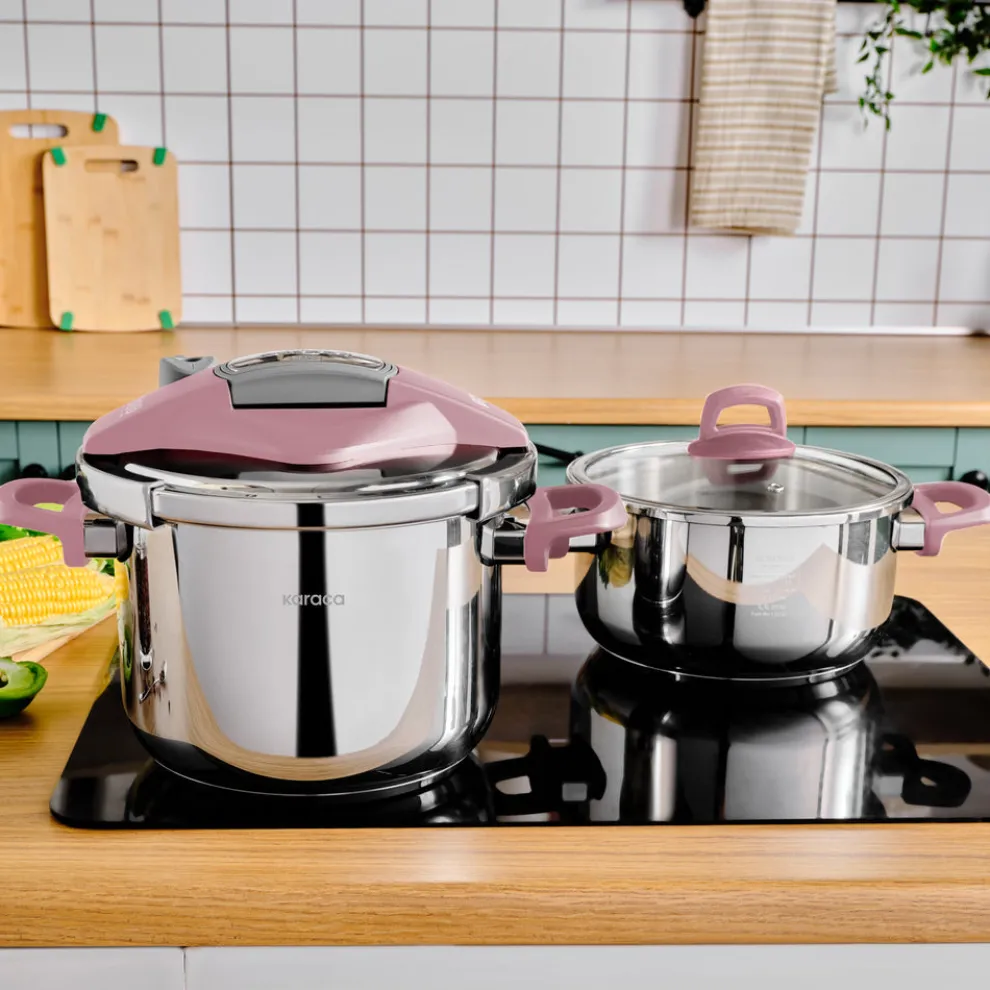 Karaca Perfect 2-Piece Stainless Steel Induction Pressure Cooker Set, 4L+6L, Pink Silver
