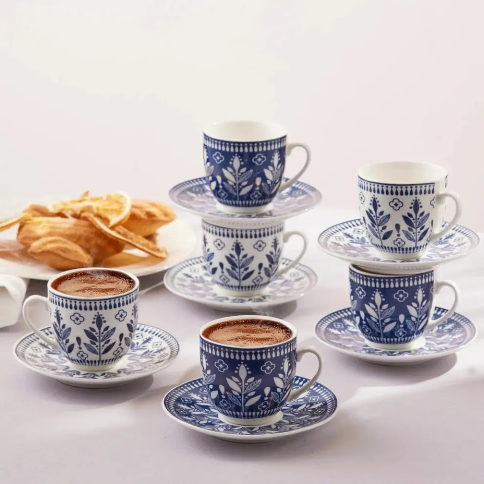 Karaca Peyker 12-Piece Bone China Espresso Turkish Coffee Cup for 6 People, 85ml, Blue