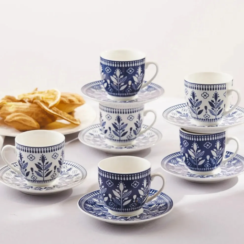 Karaca Peyker 12-Piece Bone China Espresso Turkish Coffee Cup for 6 People, 85ml, Blue