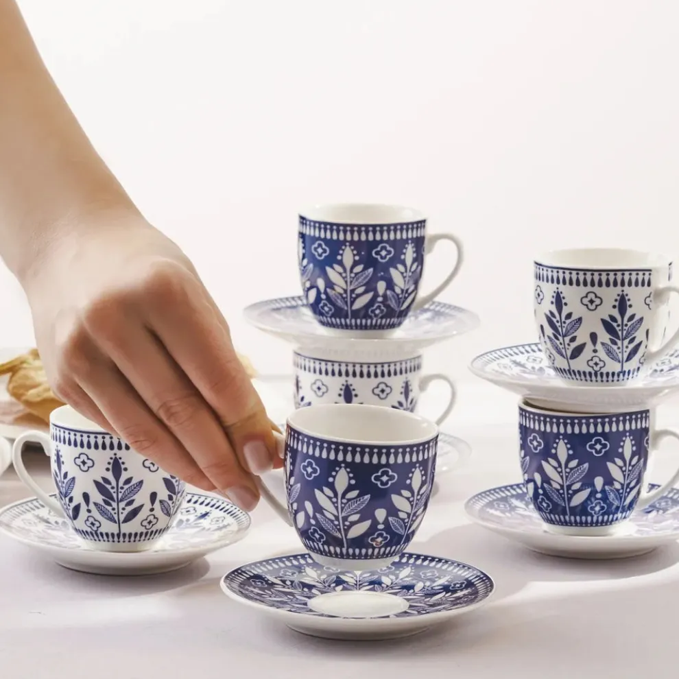 Karaca Peyker 12-Piece Bone China Espresso Turkish Coffee Cup for 6 People, 85ml, Blue