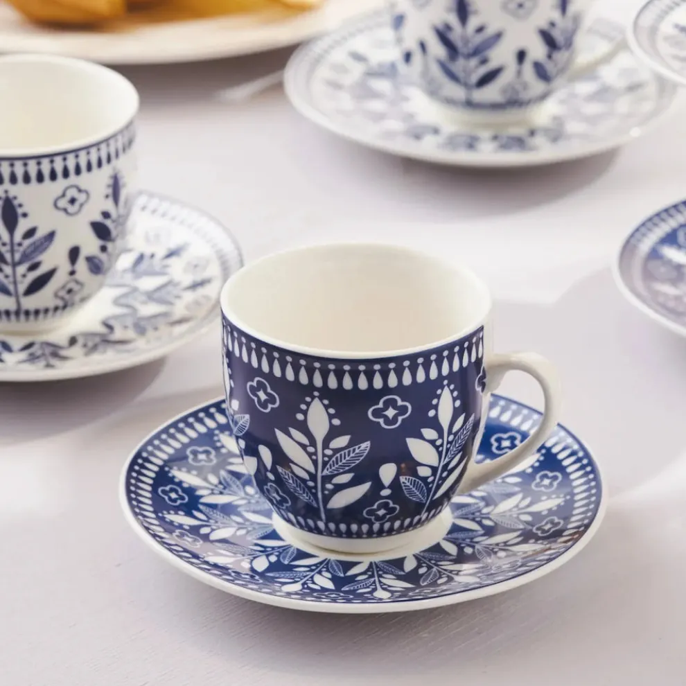 Karaca Peyker 12-Piece Bone China Espresso Turkish Coffee Cup for 6 People, 85ml, Blue