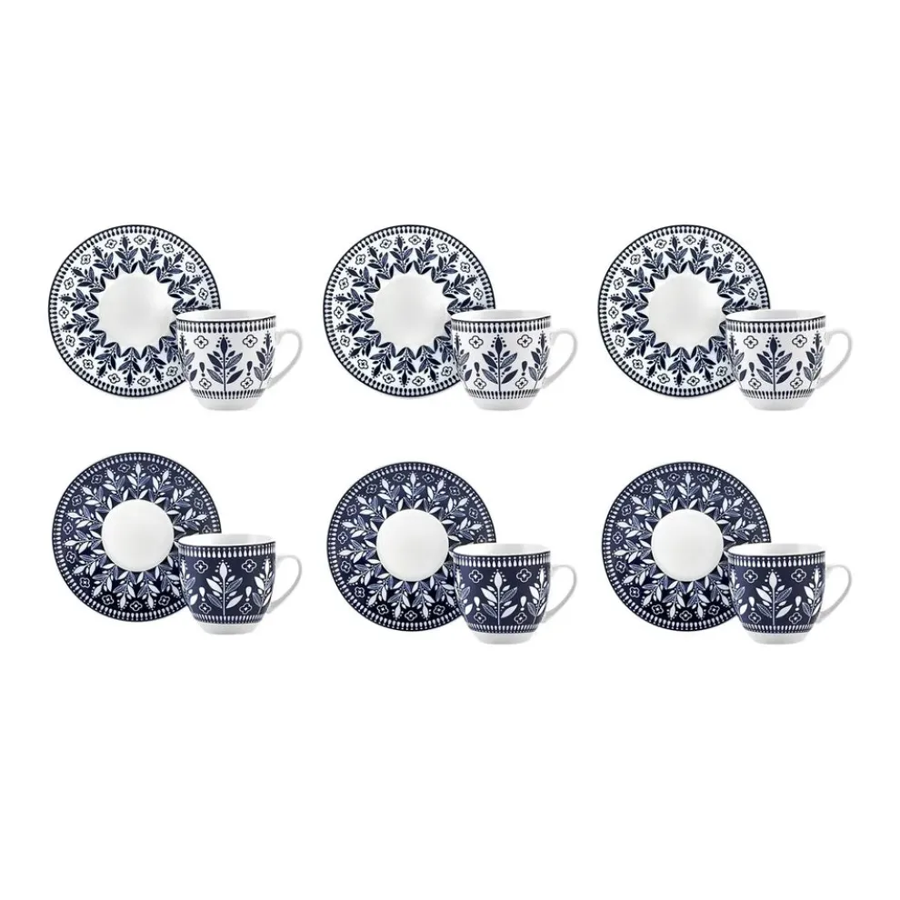 Karaca Peyker 12-Piece Bone China Espresso Turkish Coffee Cup for 6 People, 85ml, Blue