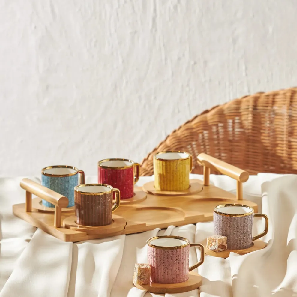 Karaca 12-Piece Bone China Espresso Turkish Coffee Cup Set with Bamboo Tray for 6 People, 90ml, Gold Multi
