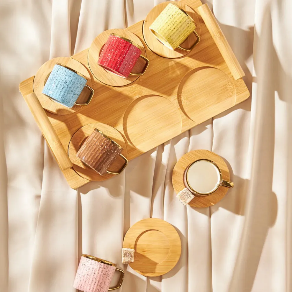 Karaca 12-Piece Bone China Espresso Turkish Coffee Cup Set with Bamboo Tray for 6 People, 90ml, Gold Multi