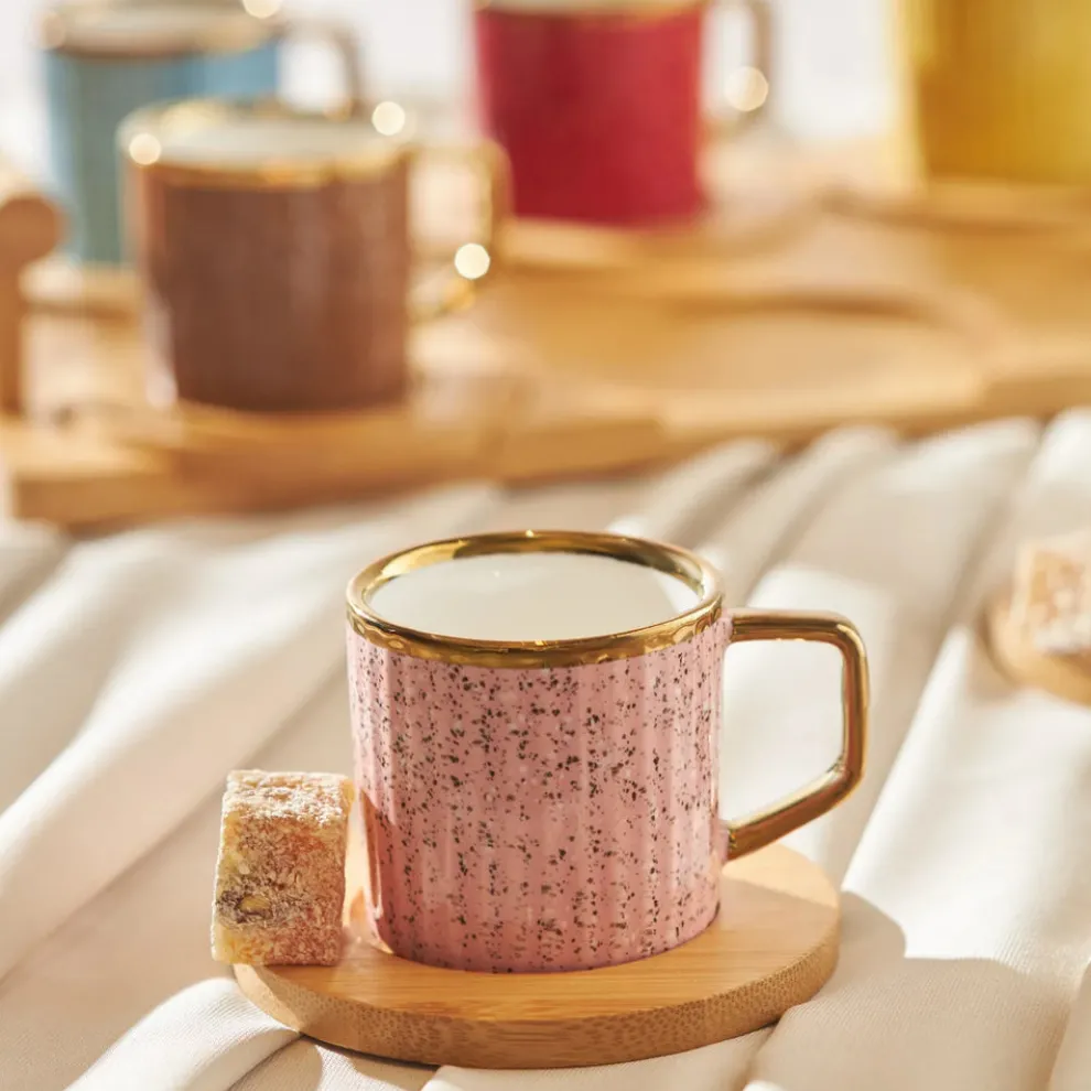 Karaca 12-Piece Bone China Espresso Turkish Coffee Cup Set with Bamboo Tray for 6 People, 90ml, Gold Multi