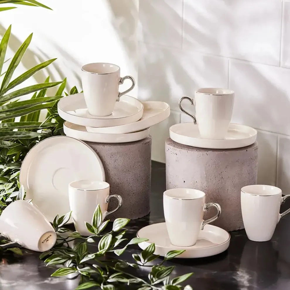 Karaca Pippo 12 Piece Porcelain Espresso Turkish Coffee Cup Set for 6 People, 75ml, White Silver