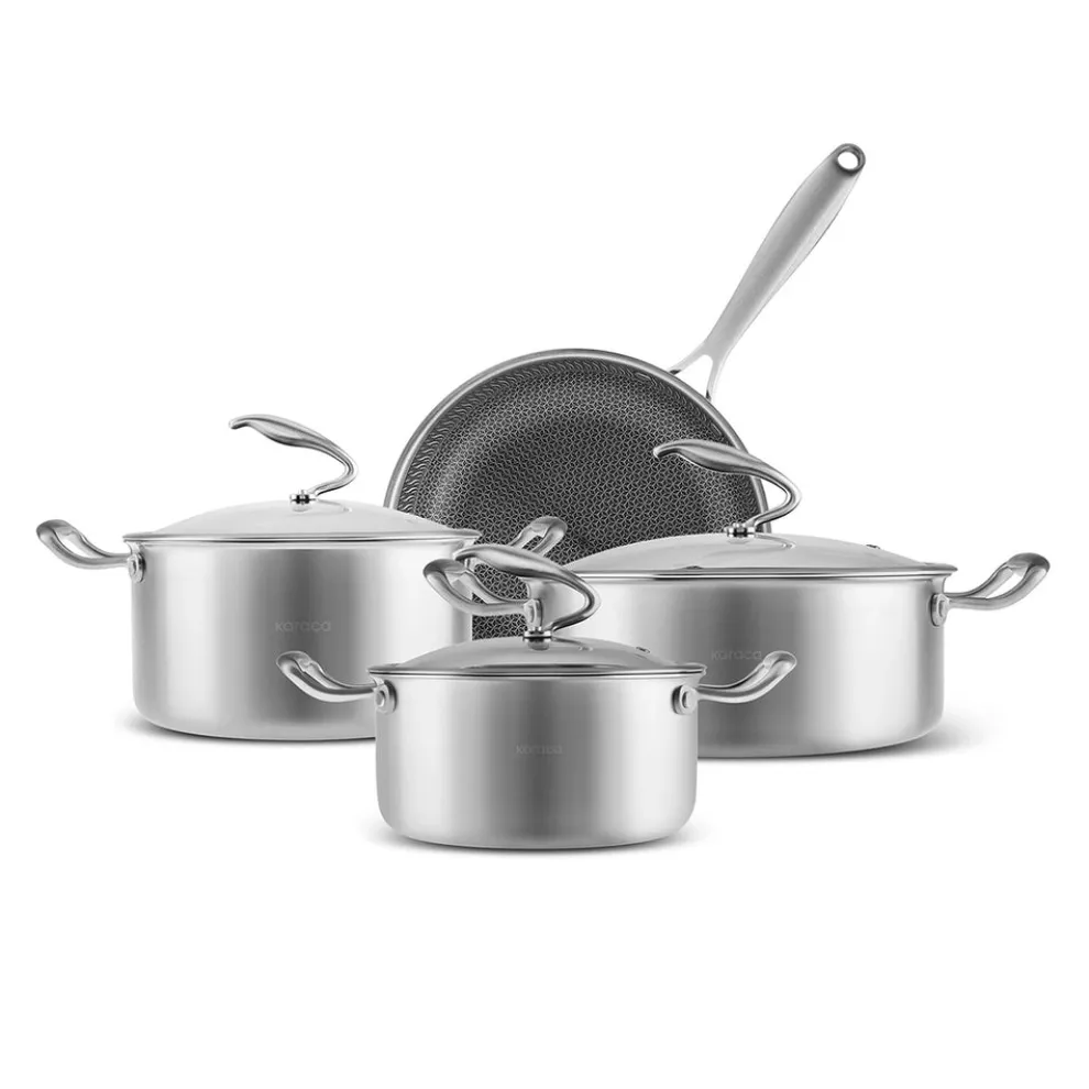 Karaca 5Ply PowerSteel 7-Piece 316+ Stainless Steel Induction Cookware Set, Silver