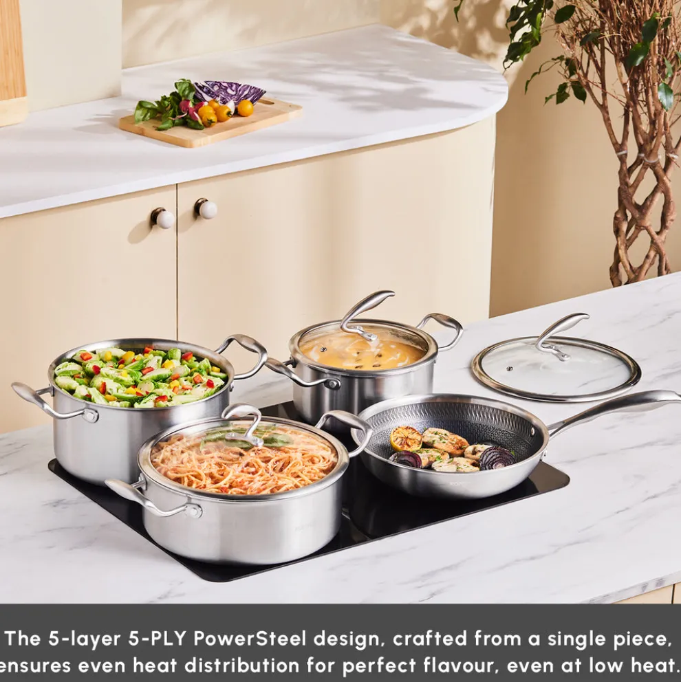 Karaca 5Ply PowerSteel 7-Piece 316+ Stainless Steel Induction Cookware Set, Silver