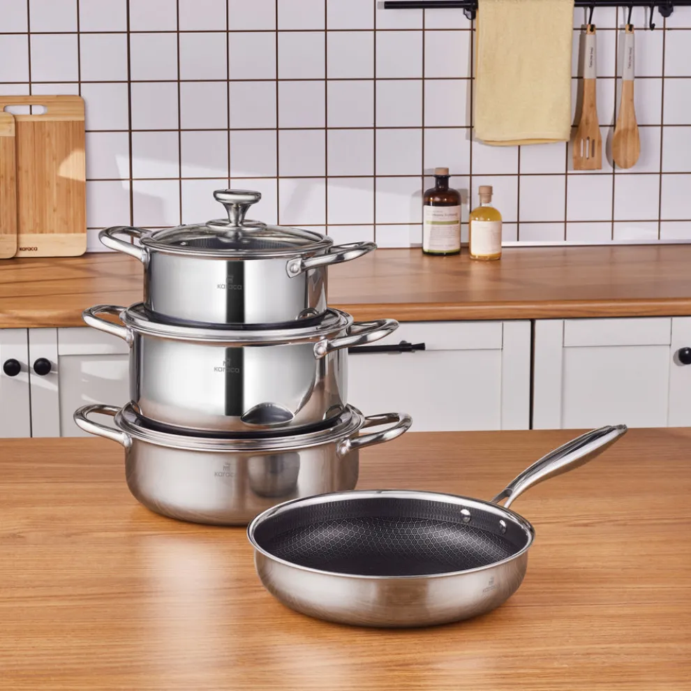 Karaca 3Ply Stainless Steel Guardian 7-Piece Non-Stick Induction Cookware Set, Silver