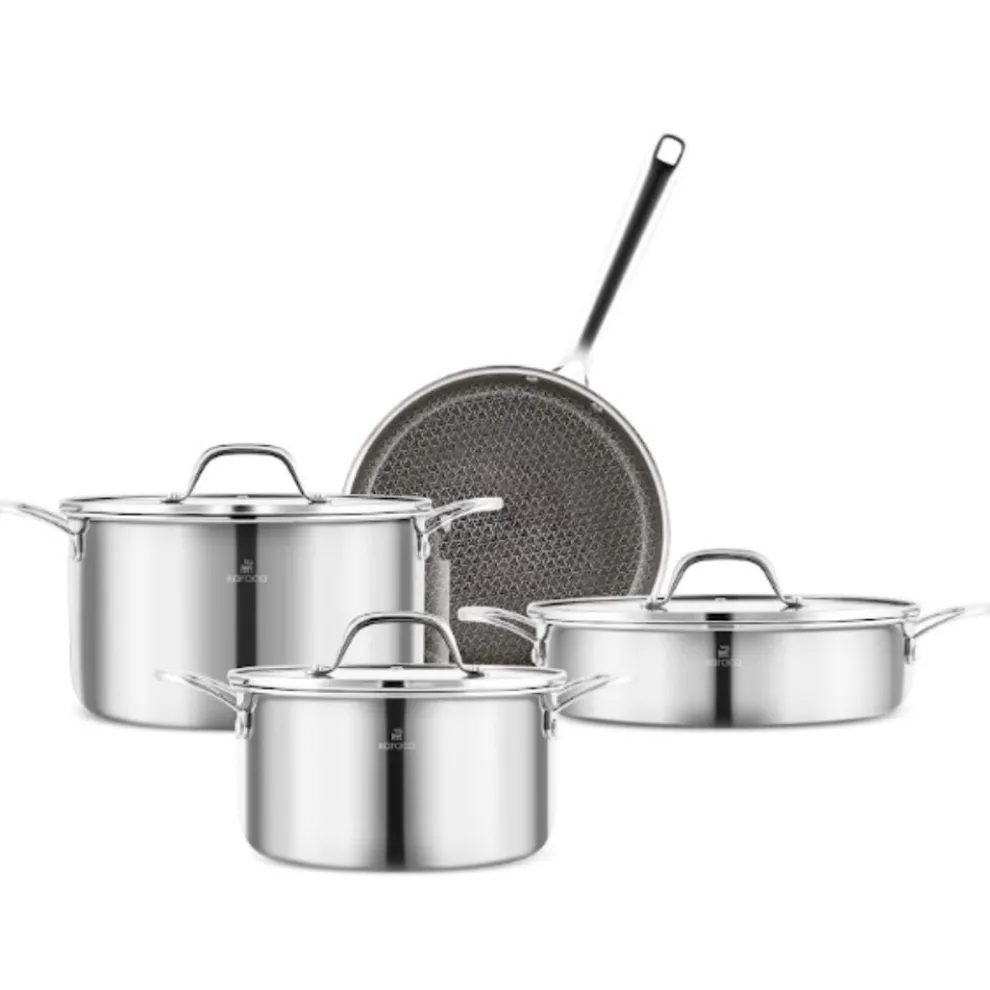 Karaca 3Ply Stainless Steel Sparkle 7-Piece Non-Stick Induction Cookware Set, Silver