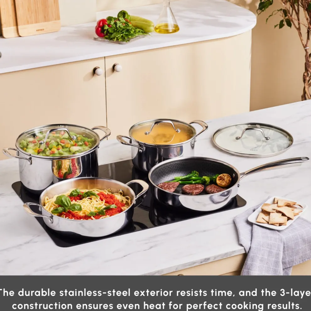 Karaca 3Ply Stainless Steel Sparkle 7-Piece Non-Stick Induction Cookware Set, Silver