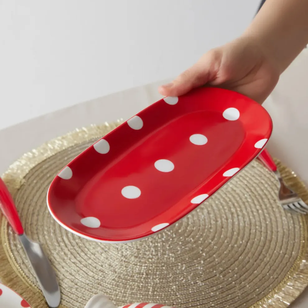 Karaca Polka Dot Porcelain Serving Platter, 26cm, Red Multi