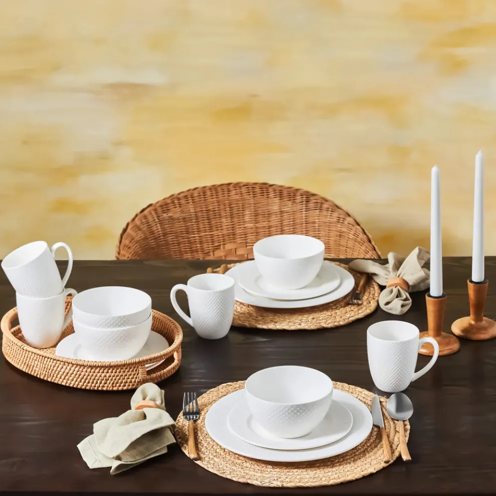 Karaca Punto Embossed 16-Piece Bone China Dinner Set for 4 People, White