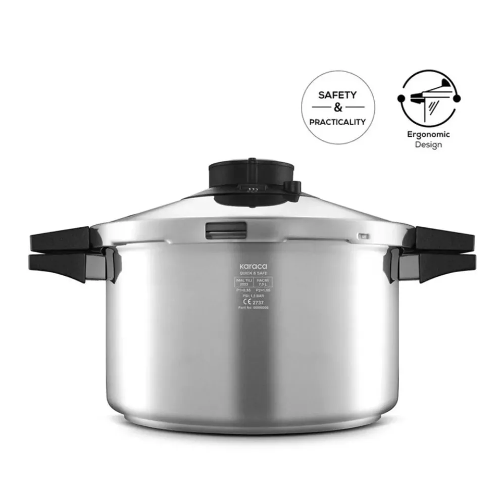 Karaca Quick and Safe Stainless Steel Induction Pressure Cooker, 7L, Black Silver