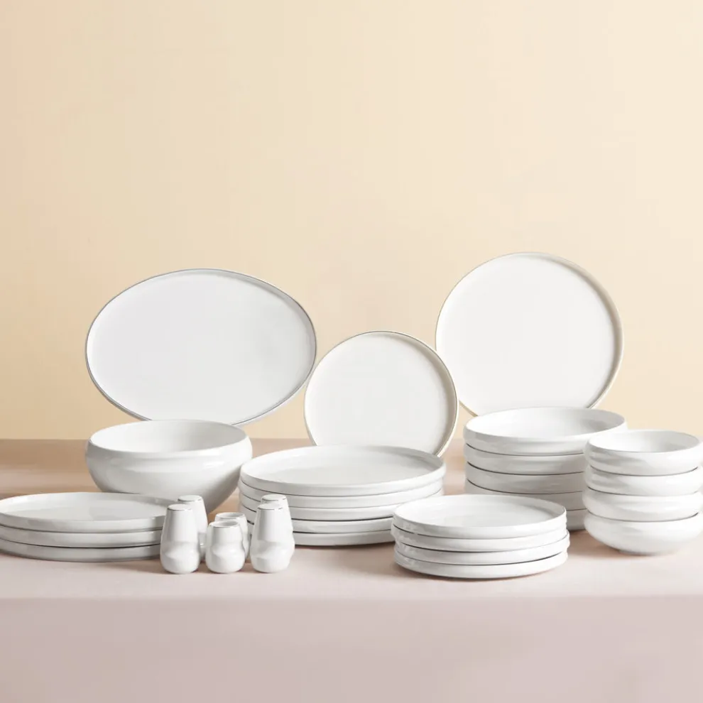 Karaca Red Carpet Collection Stream Bone China New Sunset 59-Piece Dinner Set for 12 People, Platinum White