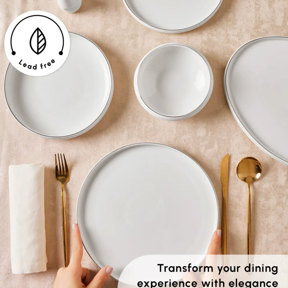 Karaca Red Carpet Collection Stream Bone China New Sunset 59-Piece Dinner Set for 12 People, Platinum White