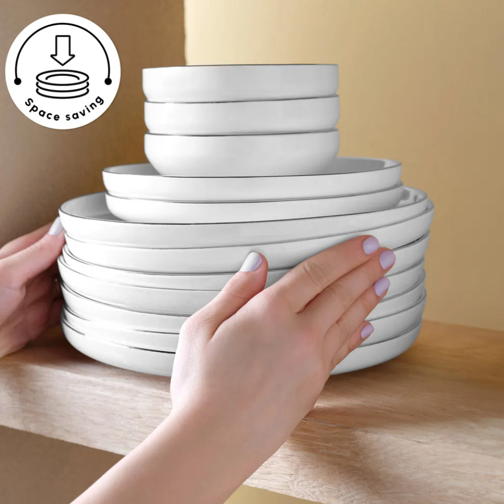 Karaca Red Carpet Collection Stream Bone China New Sunset 59-Piece Dinner Set for 12 People, Platinum White