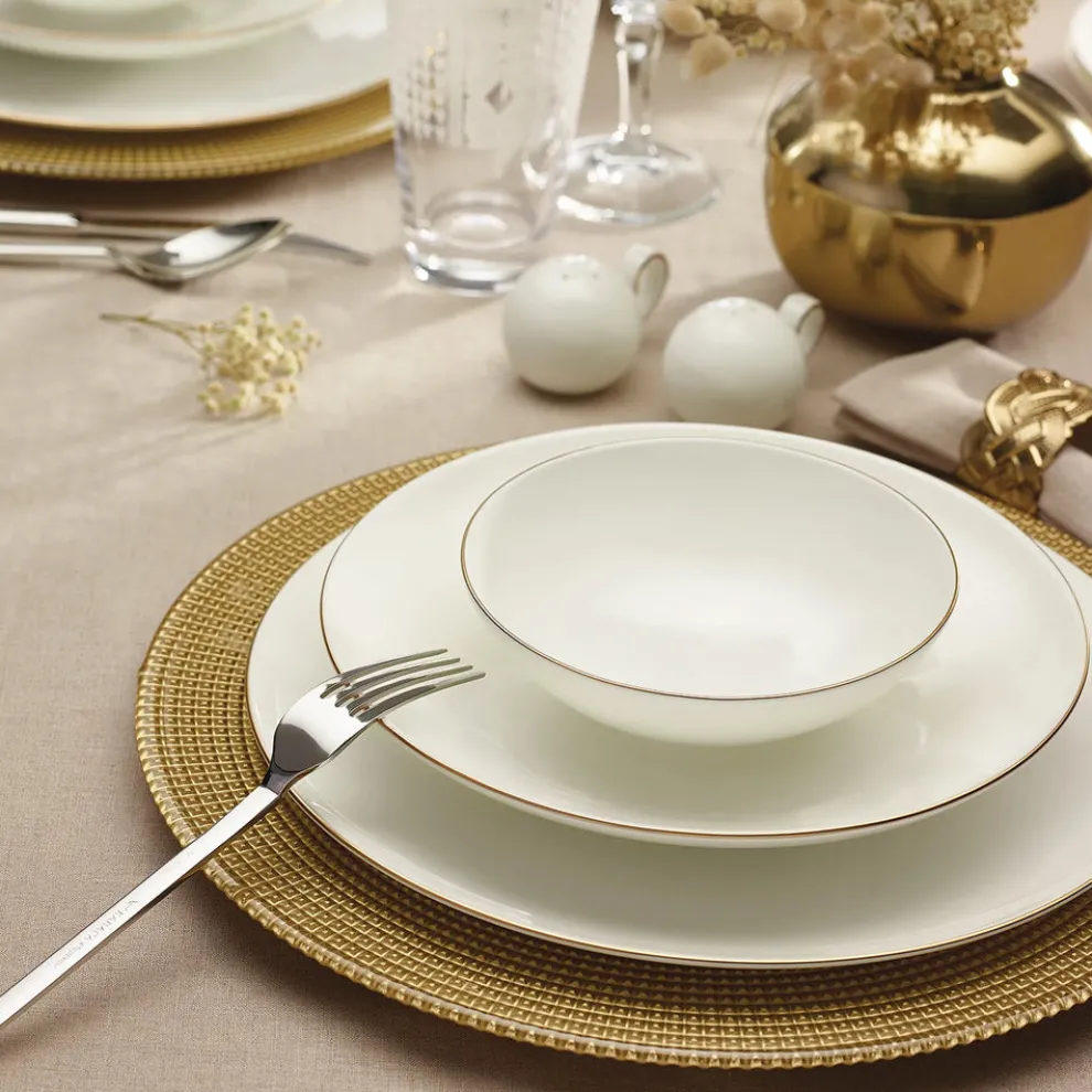 Karaca Red Carpet Collection Fine Pearl Extra Chanak 62-Piece Dinner Set for 12 People, Gold White