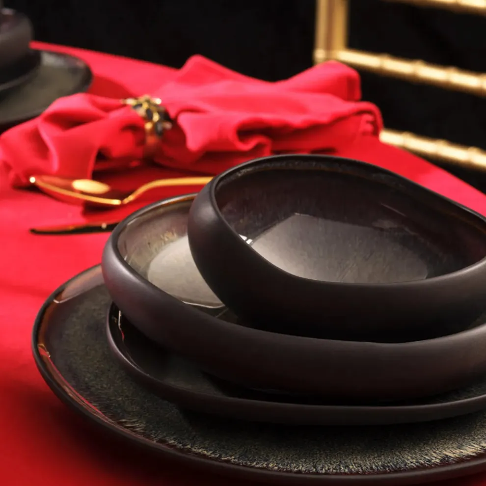 Karaca Red Carpet Collection Earth Collection New Galactic Reactive Glaze 59-Piece Dinner Set for 12 People, Black