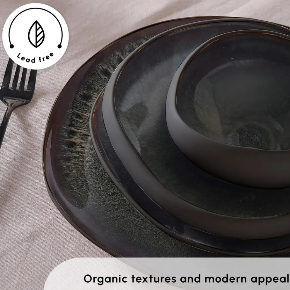 Karaca Red Carpet Collection Earth Collection New Galactic Reactive Glaze 59-Piece Dinner Set for 12 People, Black