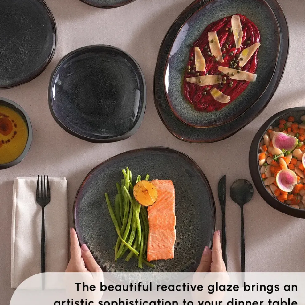Karaca Red Carpet Collection Earth Collection New Galactic Reactive Glaze 59-Piece Dinner Set for 12 People, Black