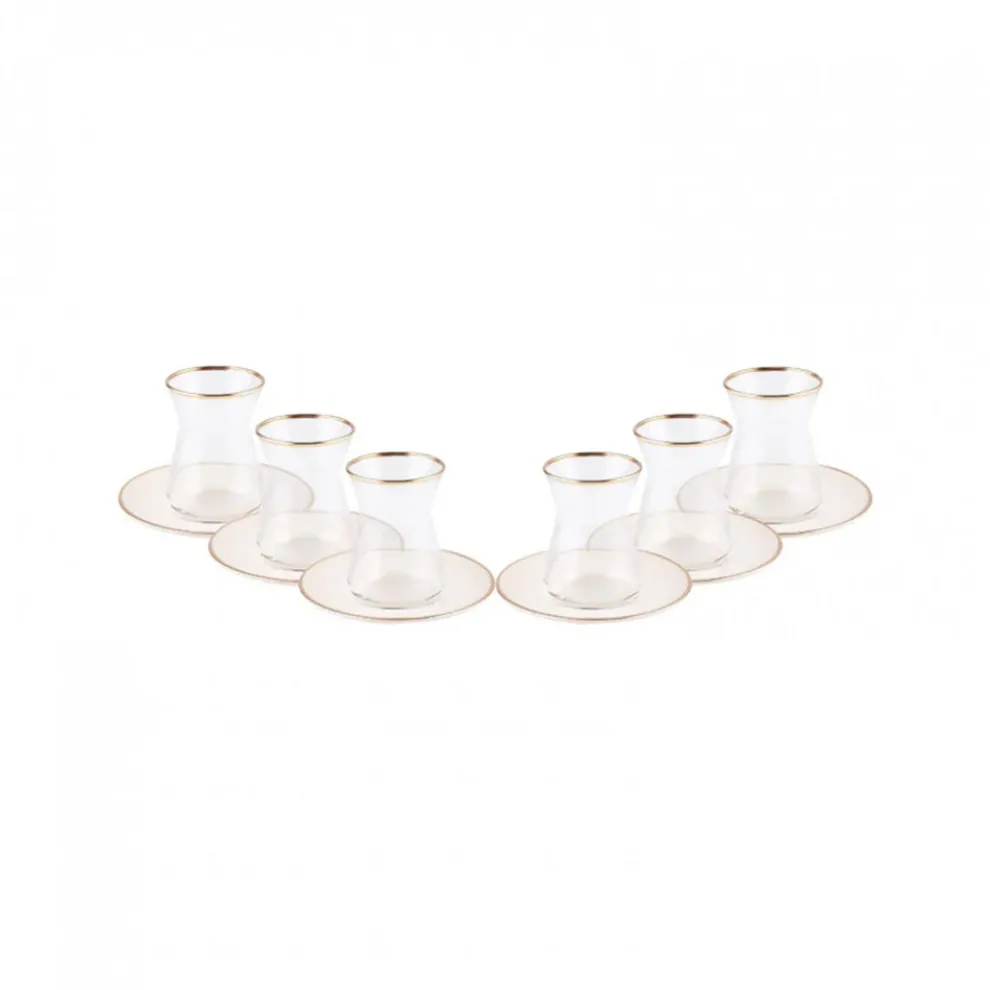 Karaca Retro 12 Piece Glass Turkish Tea Set for 6 People, 132ml, Beige Gold