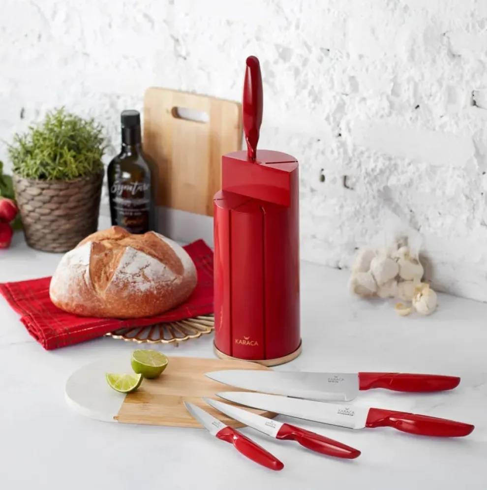 Karaca Retro 5 Piece Knife Block Set, Red