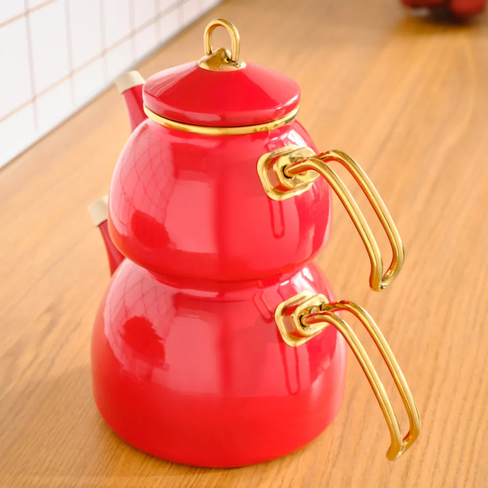 Karaca Retro Enamel Induction Teapot Set, Red